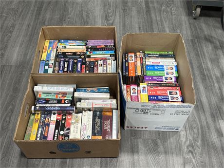 3 BOXES OF DVDS / VHS