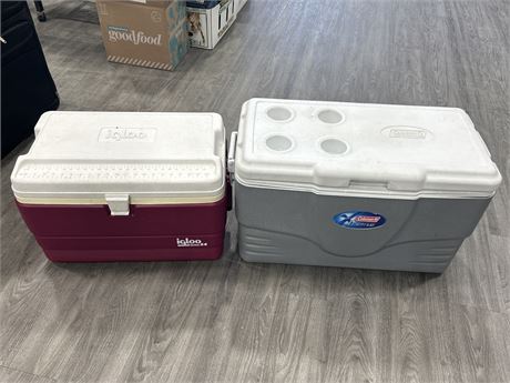 2 COOLERS - IGLOO & COLEMAN - LARGER IS 30” X 15” X 18”