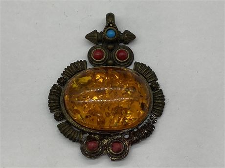 HUGE BALTIC AMBER ANTIQUE PENDANT W/CORAL & TURQUOISE (3”)