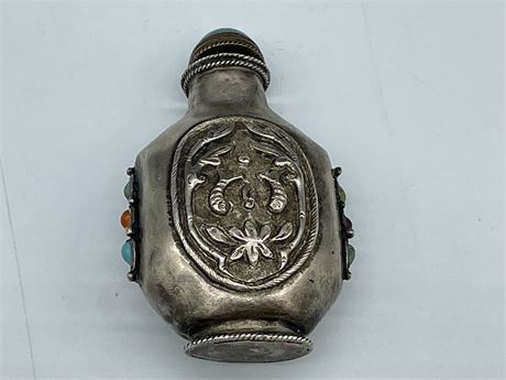 VINTAGE CHINESE SILVER TURQUOISE PERFUME BOTTLE