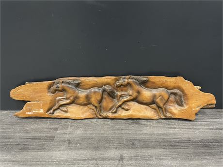 HAND MADE TEAK WOOD HORSE CARVING - 33”x8”