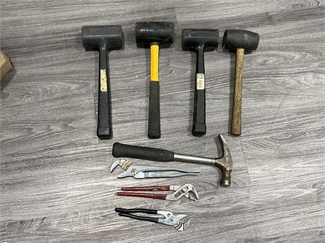 4 RUBBER MALLETS, CLAW HAMMER & 3 ADJUSTABLE WRENCHES