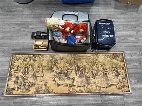 1930’s TAPESTRY IN FRAME + DOLLS, PHONE & ECT