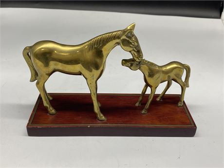 VINTAGE BRASS HORSE DISPLAY ON WOOD BASE (6” tall, 10” wide)