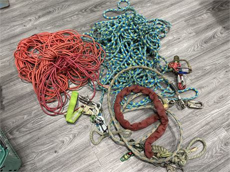 LOT OF ROPE, EXTENSION CORDS, CHAINS, ETC