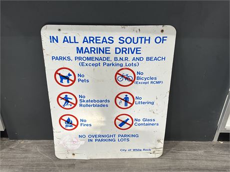 METAL “NO OVERNIGHT PARKING” CITY OF WHITE ROCK SIGN - 29”x24”