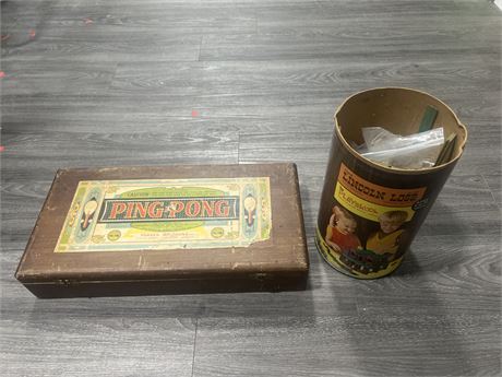 LARGE LOT OF LINCON LOGS IN CANISTER + ANTIQUE PING PONG BOX