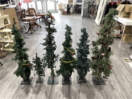 6 DECORATIVE CHRISTMAS TREES - TALLEST IS 50”