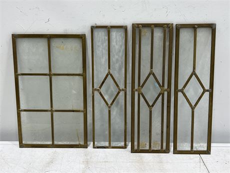 4 VINTAGE BRASS / GLASS WINDOW PIECES (Largest is 10”x16”)