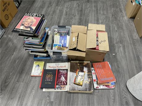 LARGE LOT OF MISC BOOKS INCL: PHOTOGRAPHY, SPORTS, MARYLIN MONROE, ETC