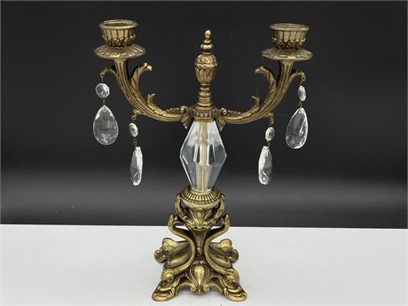 VINTAGE 13” GILT METAL & CRYSTAL DOUBLE CANDLE HOLDERS