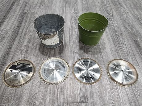 2 GALVANIZED BUCKETS AND 4 10" TABLE SAW BLADES