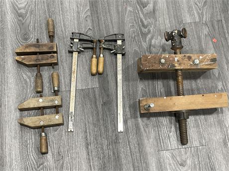 4 VINTAGE CLAMPS + WOODEN VICE