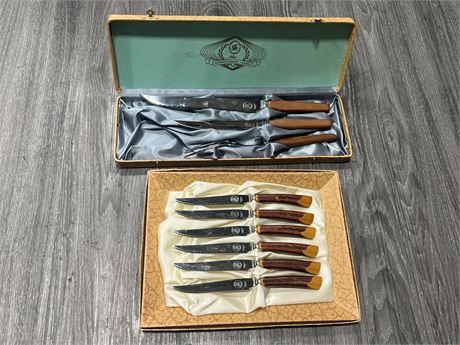 MID CENTURY GLO HILL CARVING SET & STEAK KNIFE SET IN ORIGINAL BOXES