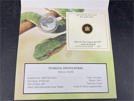 ROYAL CANADIAN MINT $20 FINE SILVER COIN