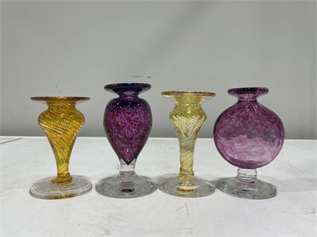 4 CANDLE STICK HOLDERS/MINI VASES BY VANCOUVER ARTISAN JEFF BURNETTE 5”