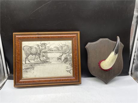 EARLY 1800’S ENGRAVING OF CATTLE + DOMESTIC ANIMALS FRAMED (16”x13”) & WOOD +
