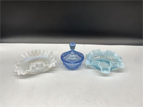 BLUE + WHITE FENTON HOBNAIL OPALESCENT CANDY DISHES 6” + SMALL BLUE LIDDED DISH