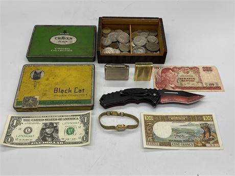 LOT OF COLLECTABLES - LIGHTERS, BIRKS WATCH, CIGARETTE TINS ETC.
