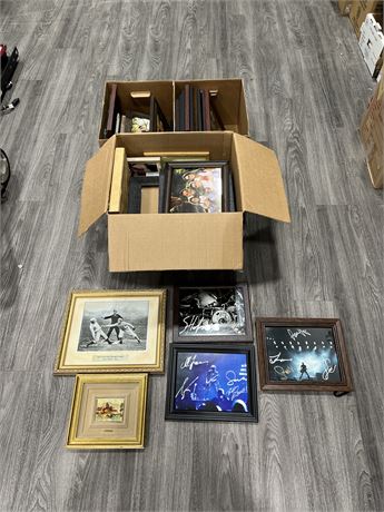 3 BOXES OF PICTURE FRAMES / PICTURES - SOME VINTAGE / AUTOGRAPHED (NO COAS)