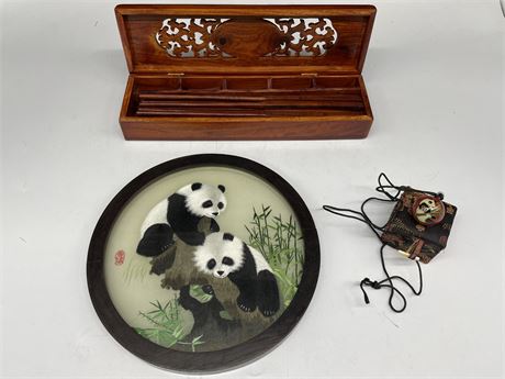 ORIENTAL LOT - PANDA SILK ART, WOOD INLAYED CHOPSTICKS IN BOX & NECKLACE