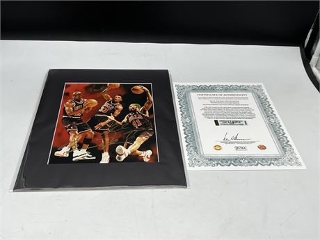 CHICAGO BULLS PHOTO SIGNED BY JORDAN, PIPPEN & RODMAN MATTED TO 11”x14” W/COA