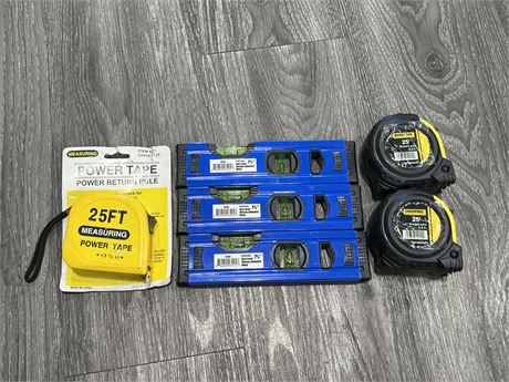 3 NEW 25’ MEASURING TAPES + 3 NEW ROK MAGNETIC LEVELS