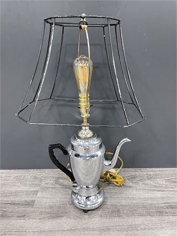 UPCYCLED VINTAGE COFFEE POT LAMP W/FRAME SHADE & EDISON BULB (24” TALL)