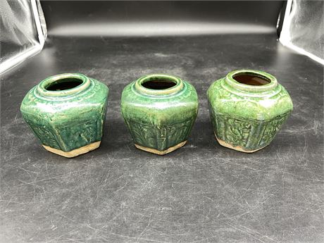 3 ANTIQUE GREEN GLAZED CHINESE POTTERY JARS 4” TALL