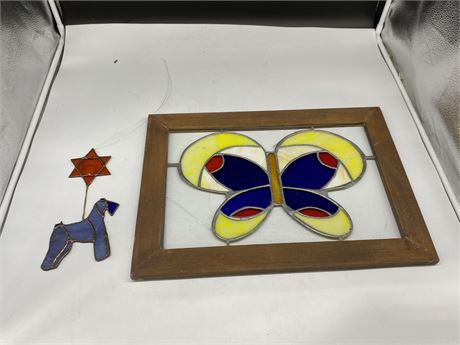STAINED GLASS BUTTERFLY (19.5”x14.5”) & HANGING STAINED GLASS PIECE