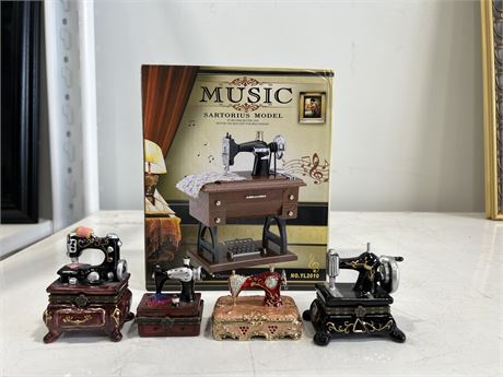 MUSICAL SEWING MACHINE IN BOX & 4 MINI SEWING MACHINE TRINKET BOXES - 3”