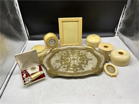 VINTAGE FRENCH IVORY VANITY SET WITH CLOCK & PICTURE FRAMES (9PCS)