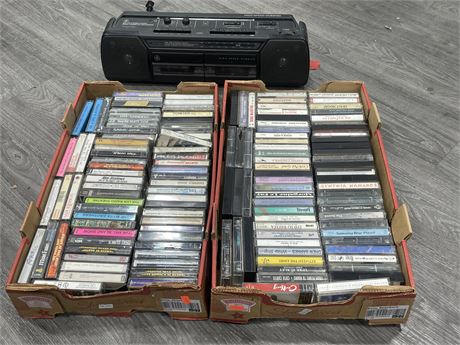 2 FLATS OF MISC CASSETTE TAPES & CASSETTE PLAYER