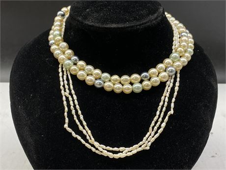 VINTAGE PEARL CHOKER STERLING CLASP + FRESHWATER PEARL 3 STRAND NECKLACE (16”)