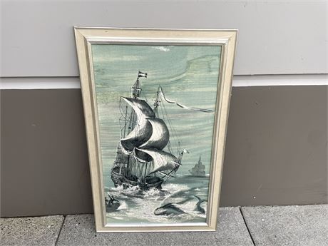 26”x41” SAILING SHIP FRAMED FABRIC PAINTING