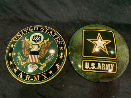 US ARMY THEMED TIN WALL DECORATIONS (16inch diameter)