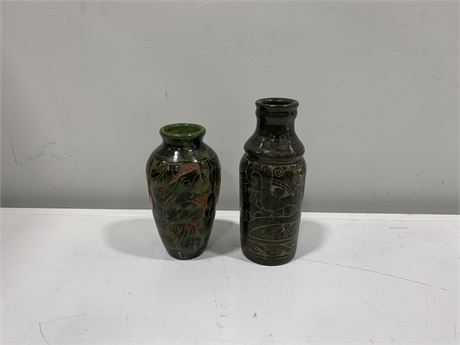2 SIGNED ENGRAVED POTTERY BUD VASES