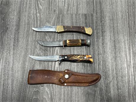 3 SKINNING KNIVES - CAMILLUS, BUFFALO SKINNER & OTHER