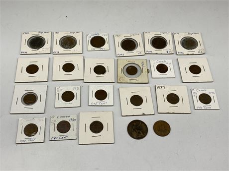 21 CDN ONE CENT COINS (Earliest 1905 latest 1939) & 2 OLD BRITISH COINS