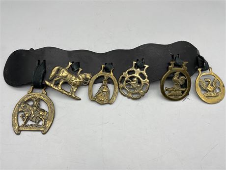 VINTAGE LEATHER HORSE ORNAMENTS - 6 BRASS (19” LONG)