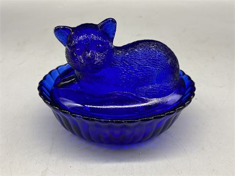 BLUE COBALT GLASS CAT LIDDED DISH (6” wide)