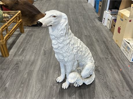LARGE VINTAGE PORCELAIN DOG DECORATION - HAS REPAIRED TAIL (34” tall)