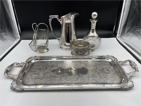 HEAVY SILVER-PLATE TRAY 10X25, CRYSTAL SILVER DECANTER, 3 SILVER-PLATE SERVERS