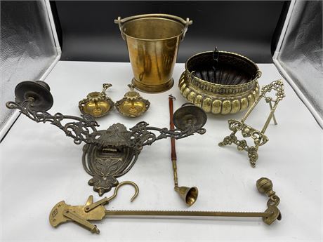 BRASS PAIL (8.5”), CANDLEHOLDERS, SCALE, WALL SCONCES ETC.