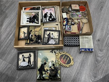 LOT OF VINTAGE SILHOUETTE PICTURES AND OTHER COLLECTABLES - COMPACTS, ETC.