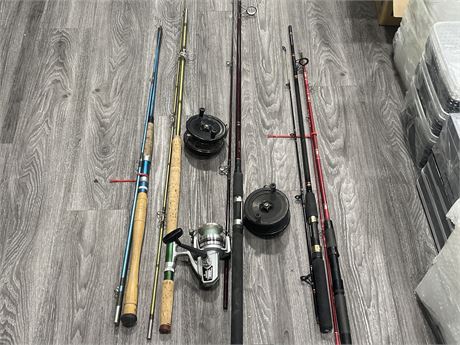 5 FISHING RODS + 3 REELS (AS IS 1 ROD NEEDS FIXING)