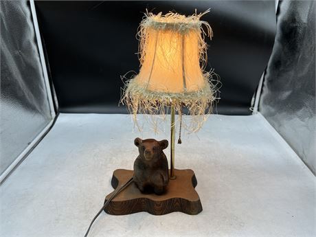 CARVED BEAR LAMP W/SILK SHADE - WORKS (16” tall)