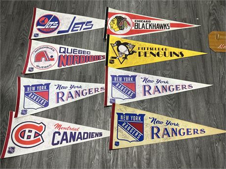 8 SIGNED ORIGINAL NHL PENNANTS (30”)