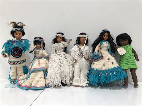 6 FIRST NATIONS DOLLS ON METAL STANDS