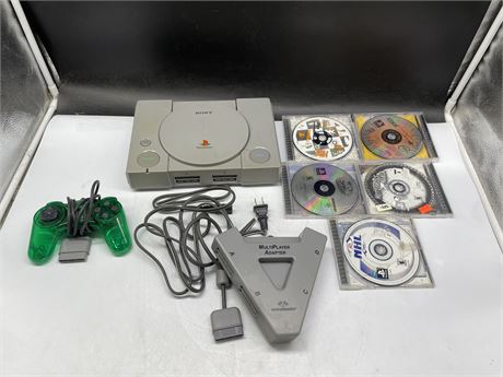 PLAYSTATION ONE WITH 3RD PARTY CONTROLLER, MULTIPLAYER ADAPTER & 5 GAMES